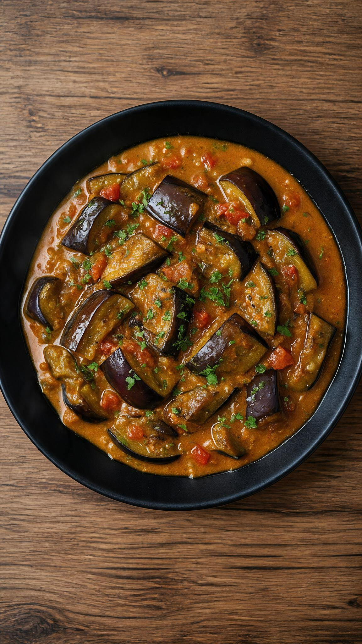 Badenjan Curry bei Bamiyan Bollyfood in Düsseldorf mit Auberginen, würziger Currysauce, Tomaten und frischen Kräutern in einer schwarzen Schale
