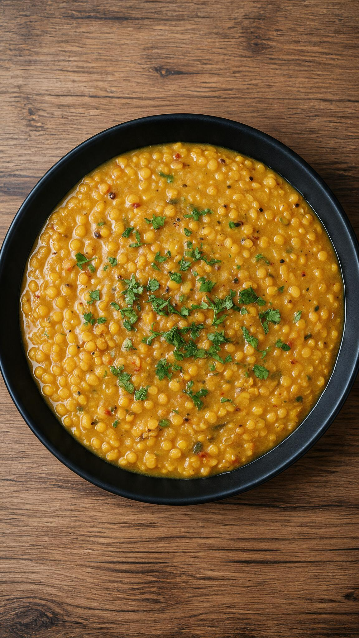 Daal Tadka bei Bamiyan Bollyfood in Düsseldorf mit gelben Linsen, würziger Currysauce und frischen Kräutern in einer schwarzen Schale