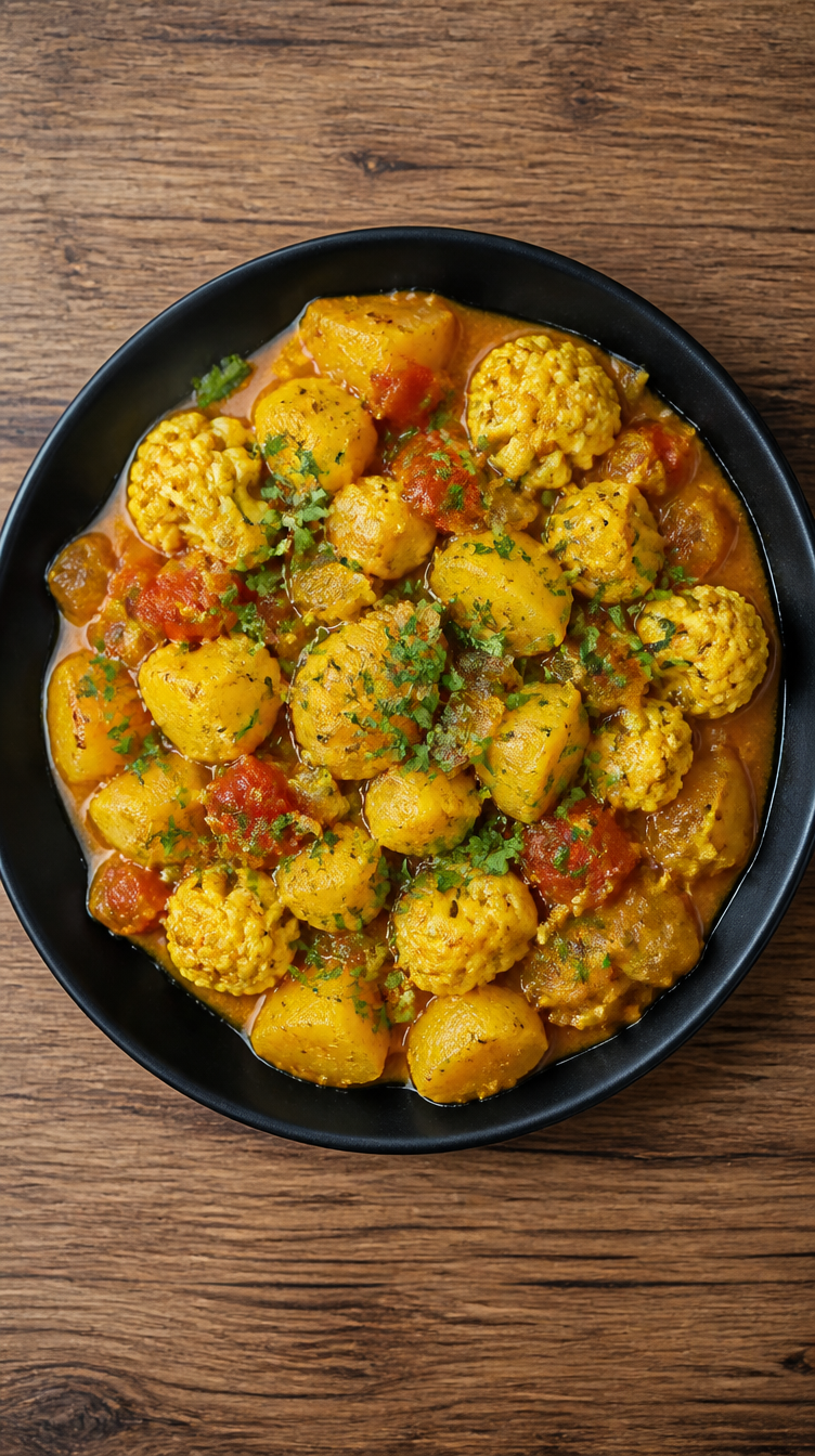 Katchalu Gulpi bei Bamiyan Bollyfood in Düsseldorf mit Kartoffeln, Blumenkohl, würziger Currysauce und frischen Kräutern in einer schwarzen Schale