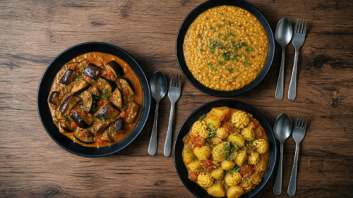 Auswahl an veganen und vegetarischen Hauptgerichten bei Bamiyan Bollyfood in Düsseldorf mit Badenjan Curry, Daal und würzigem Kartoffelgericht auf einem Holztisch