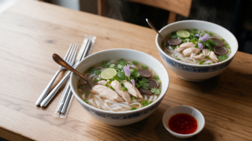 Pho Suppe bei Do Anh in Marburg mit Hähnchen, Reisnudeln, frischen Kräutern und aromatischer Brühe für zwei Personen serviert
