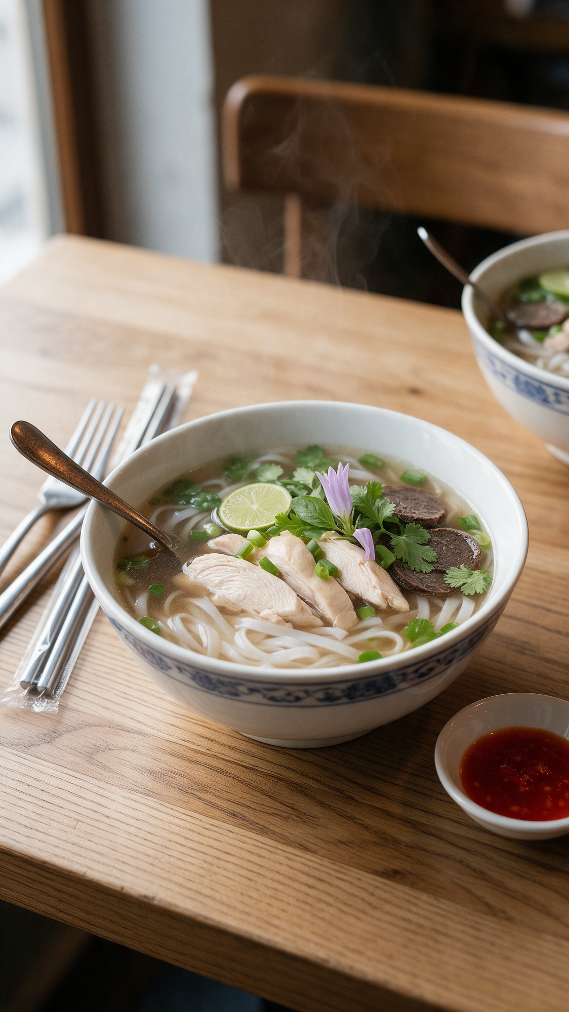 Pho Suppe bei Do Anh in Marburg mit Hähnchen, Reisnudeln, frischen Kräutern und aromatischer Brühe in einer Schale serviert