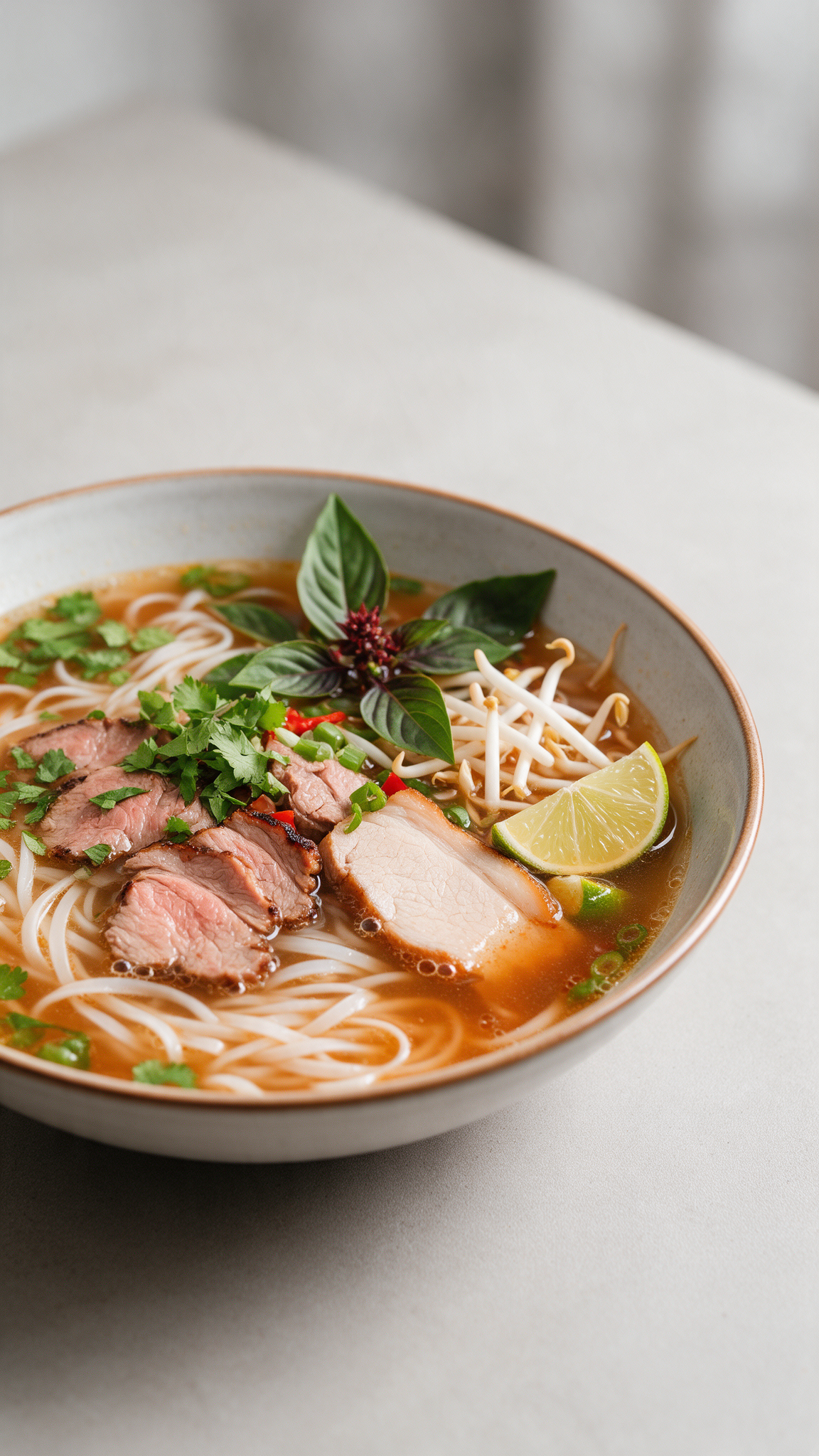 Pho Suppe bei Do Anh in Marburg mit Reisnudeln, zarten Fleischstreifen, frischen Kräutern, Limette und aromatischer Brühe in einer Schale serviert