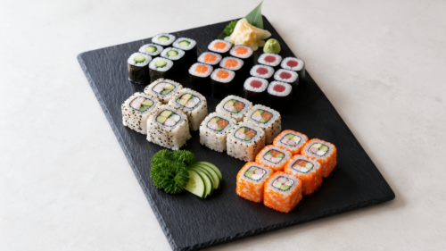 Sushi Auswahl bei Do Anh in Marburg mit verschiedenen Maki, Inside Out Rolls, Lachs, Avocado und frischen Sushi Variationen auf einer schwarzen Platte