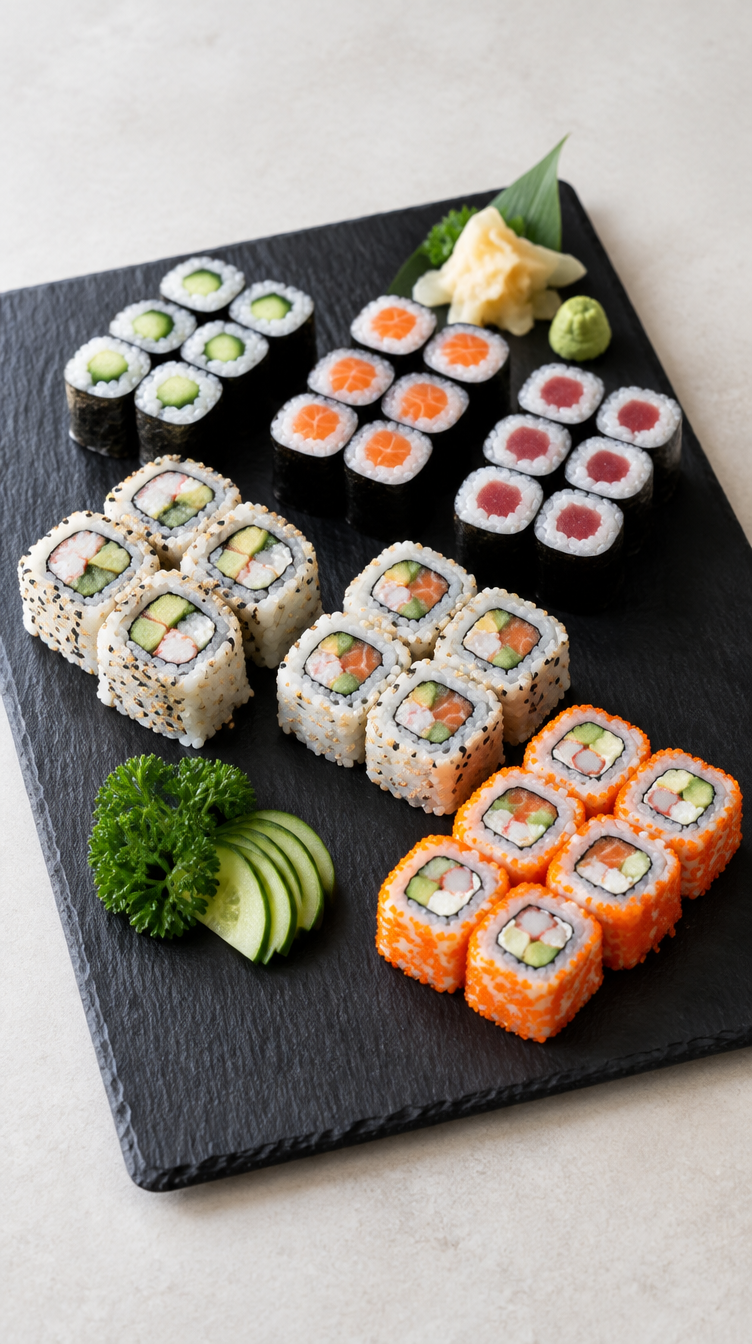 Sushi Menü bei Do Anh in Marburg mit verschiedenen Maki, Inside Out Rolls, Lachs, Avocado und weiteren frischen Sushi Variationen auf einer Platte