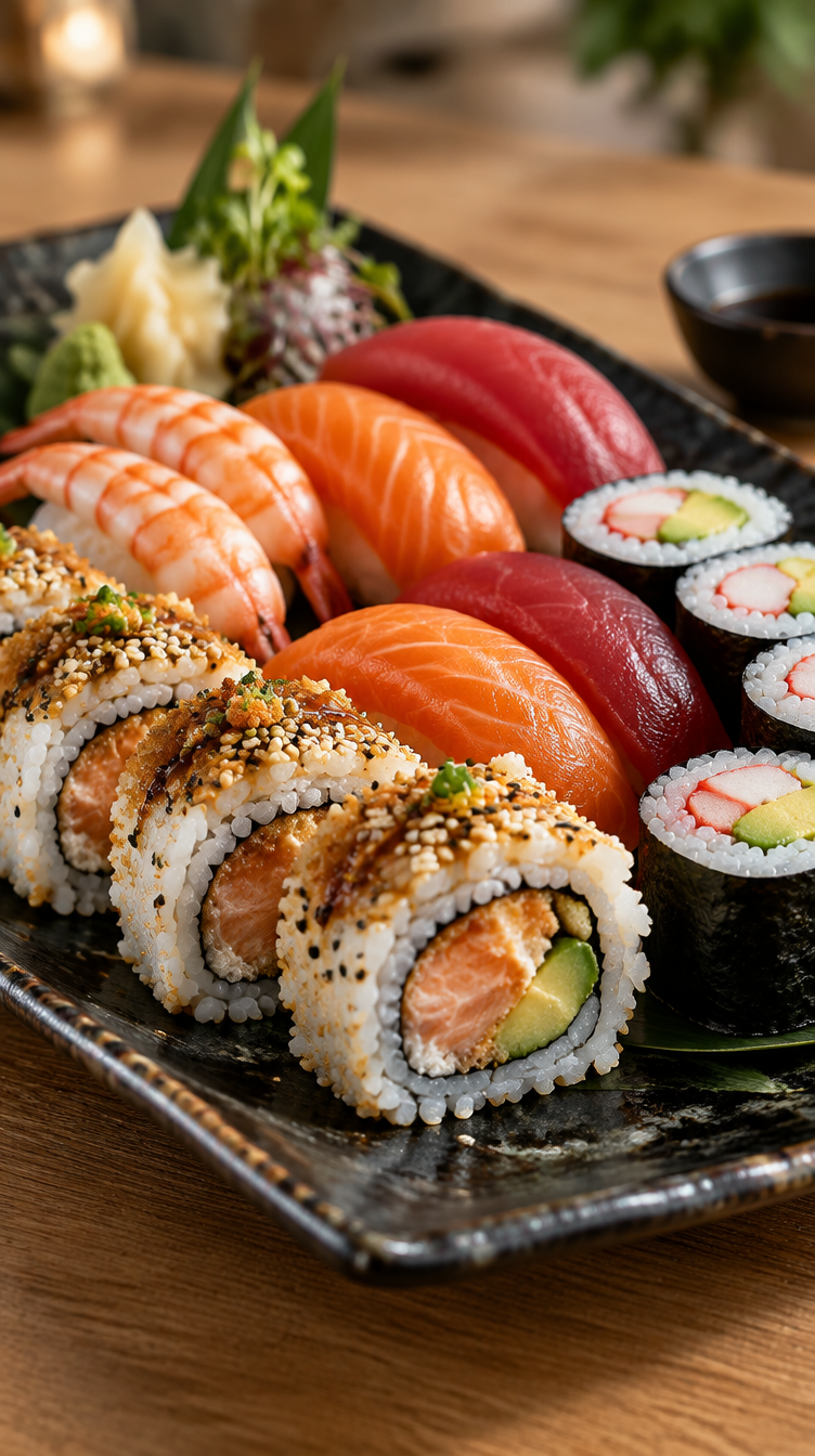 Nahaufnahme eines Sushi Menüs bei Do Anh in Marburg mit Lachs Nigiri, Maki, Inside Out Rolls und frischen Zutaten auf einer Platte