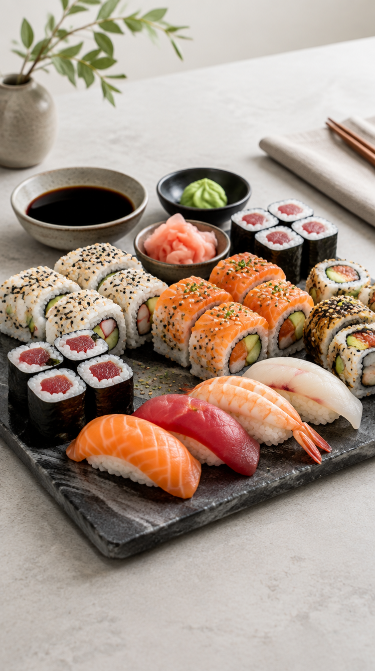 Sushi Platte bei Do Anh in Marburg mit verschiedenen Nigiri, Maki, Inside Out Rolls, Sojasauce, Wasabi und eingelegtem Ingwer
