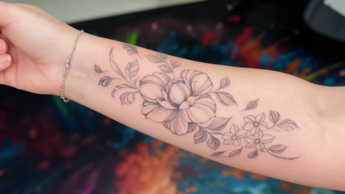 Fine Line Tattoo bei Eljo Aesthetics in Unna mit floralem Blumenmotiv am Arm als elegantes Beispiel für ein individuelles Tattoo Design