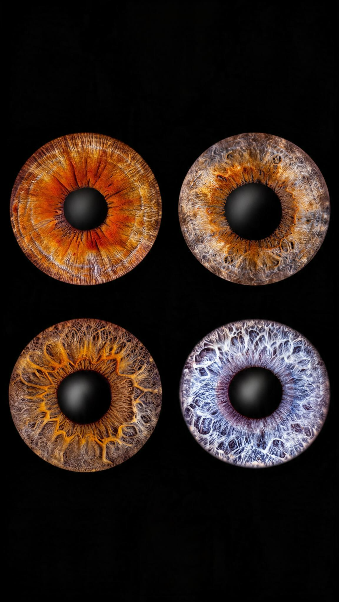 Vier Iris Fotografien von Fotostudio Daniels in Dortmund als detailreiche Collage mit unterschiedlichen Irisfarben und Strukturen auf schwarzem Hintergrund