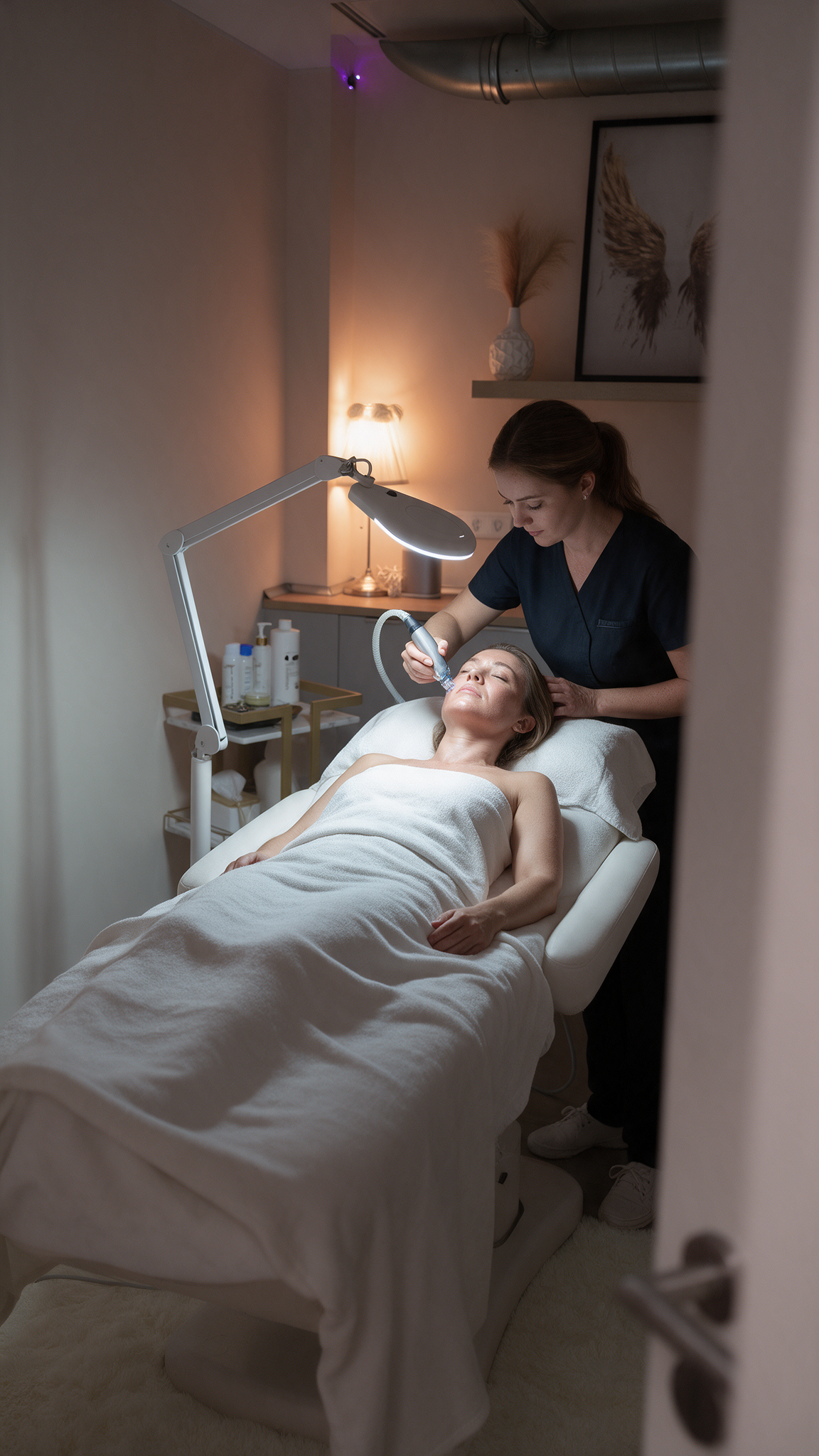 Hydrafacial Gesichtsbehandlung bei Luxbeauty Hair in Düsseldorf, bei der eine Kundin entspannt auf der Liege liegt und professionell im Kosmetikraum behandelt wird