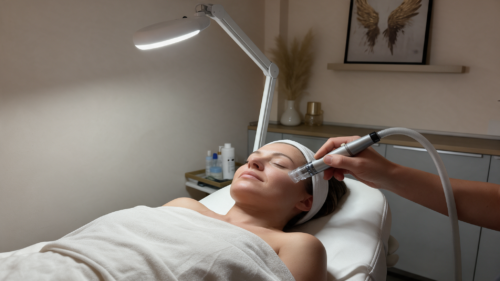 Hydrafacial Gesichtsbehandlung bei Luxbeauty Hair in Düsseldorf, bei der eine Kundin entspannt auf der Behandlungsliege liegt und die Haut mit einem Gerät gepflegt wird