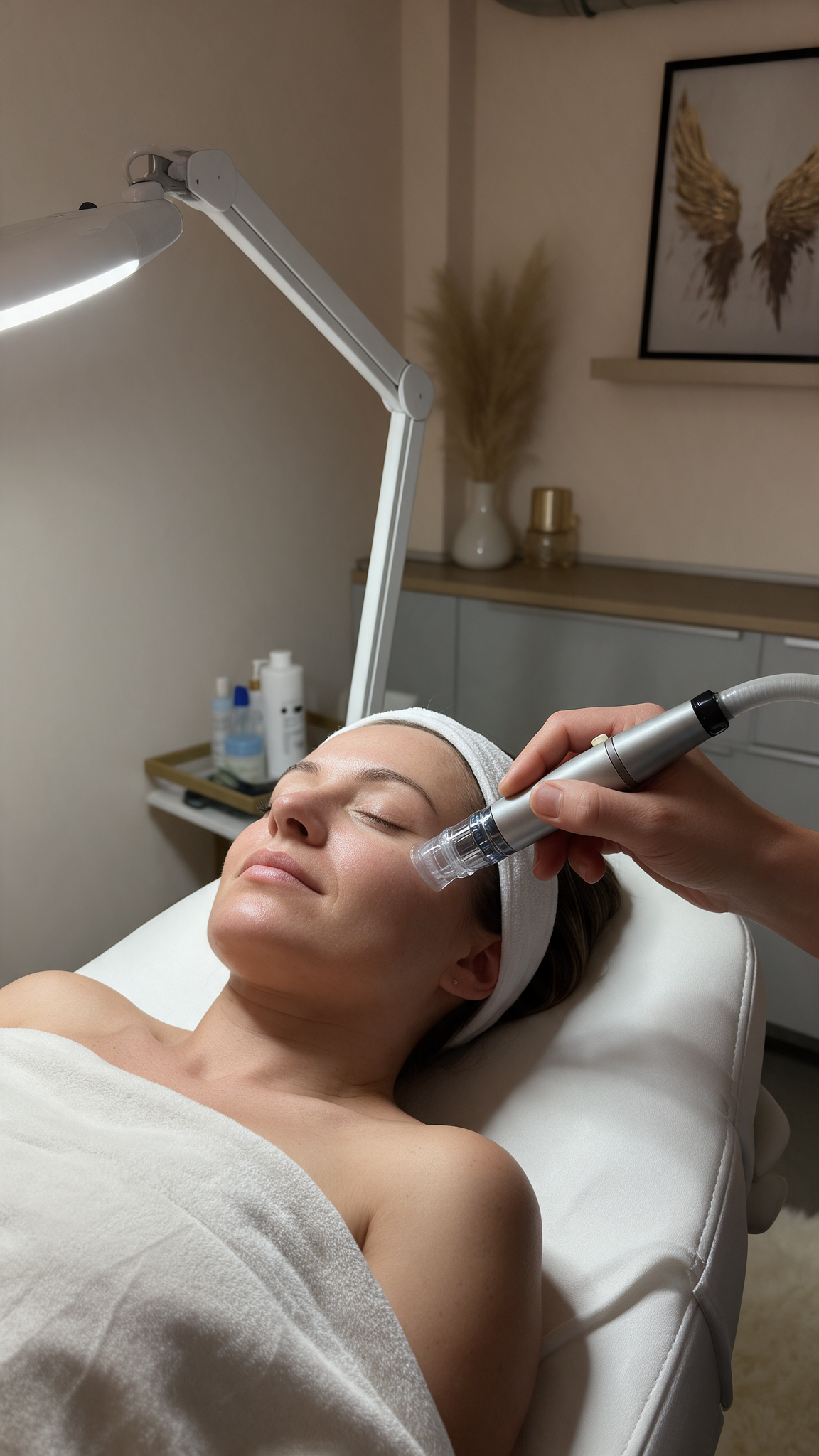 Hydrafacial Gesichtsbehandlung bei Luxbeauty Hair in Düsseldorf, bei der die Haut einer Kundin mit einem Beauty Gerät sanft gereinigt und gepflegt wird