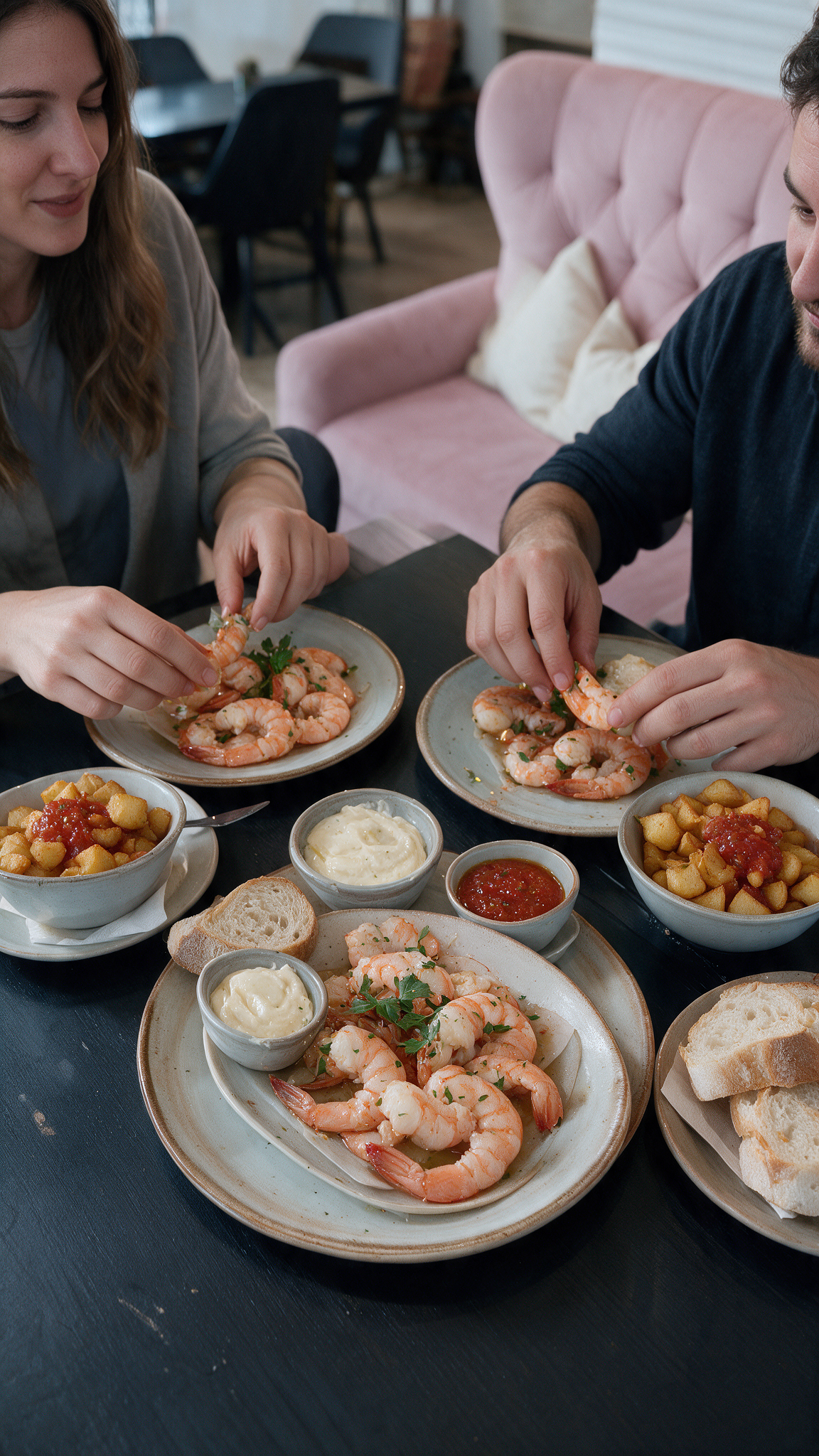 Gambas All You Can Eat für zwei Personen bei Meeting die Brunchery Dortmund mit Brot, Aioli und Patatas Bravas mit Salsa Soße