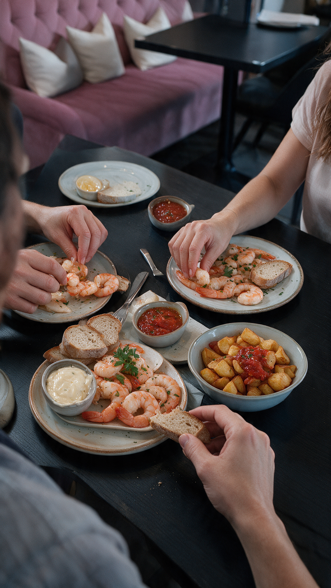 Gambas All You Can Eat bei Meeting die Brunchery Dortmund mit Garnelen, verschiedenen Beilagen, Dips und gemeinsamem Genuss am Tisch
