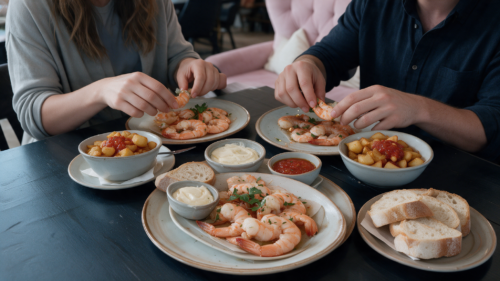Gambas All You Can Eat bei Meeting die Brunchery Dortmund mit Garnelen, Brot, Aioli und Patatas Bravas mit Salsa Soße