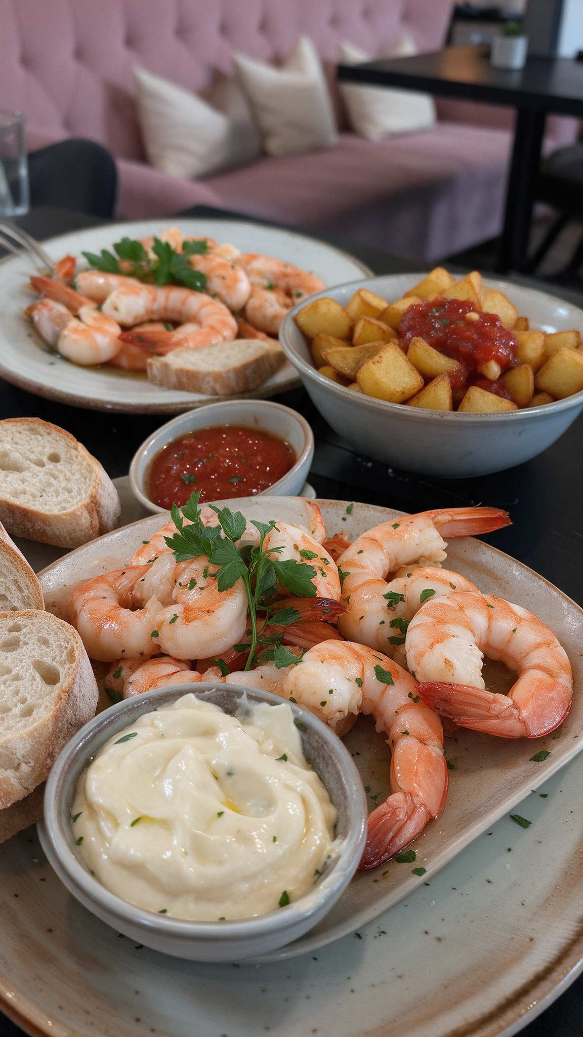 Gambas All You Can Eat bei Meeting die Brunchery Dortmund mit Brot, Aioli und Patatas Bravas mit Salsa Soße