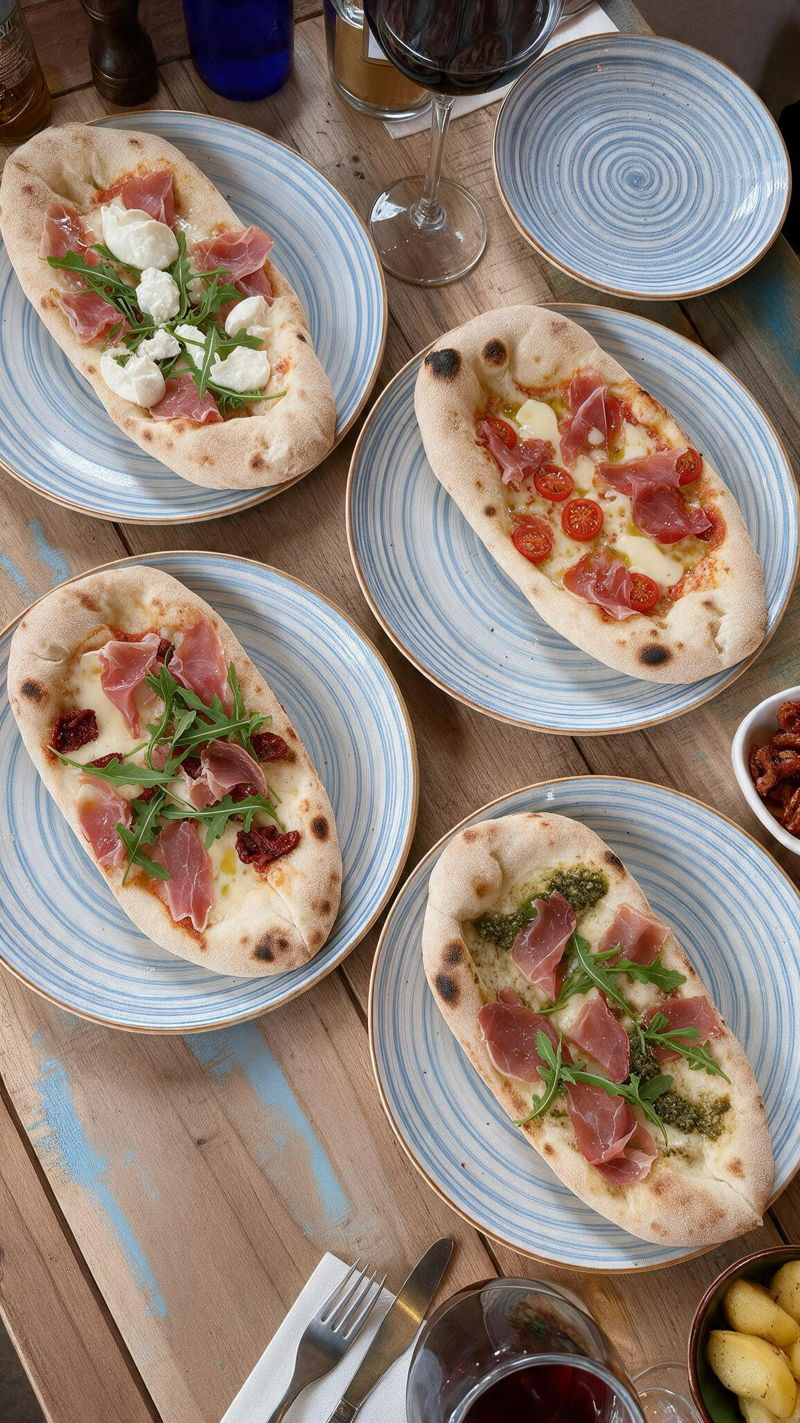 Pinsa Auswahl bei Mr. Baeta in Neuss mit mehreren frisch belegten Pinsen, Rucola, Schinken, Tomaten und cremigen Zutaten auf Tellern serviert