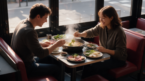 All you can eat Hotpot Shabu Shabu im Noori Sushi Restaurant Essen, bei dem frische Zutaten direkt am Tisch in heißer Brühe gegart werden