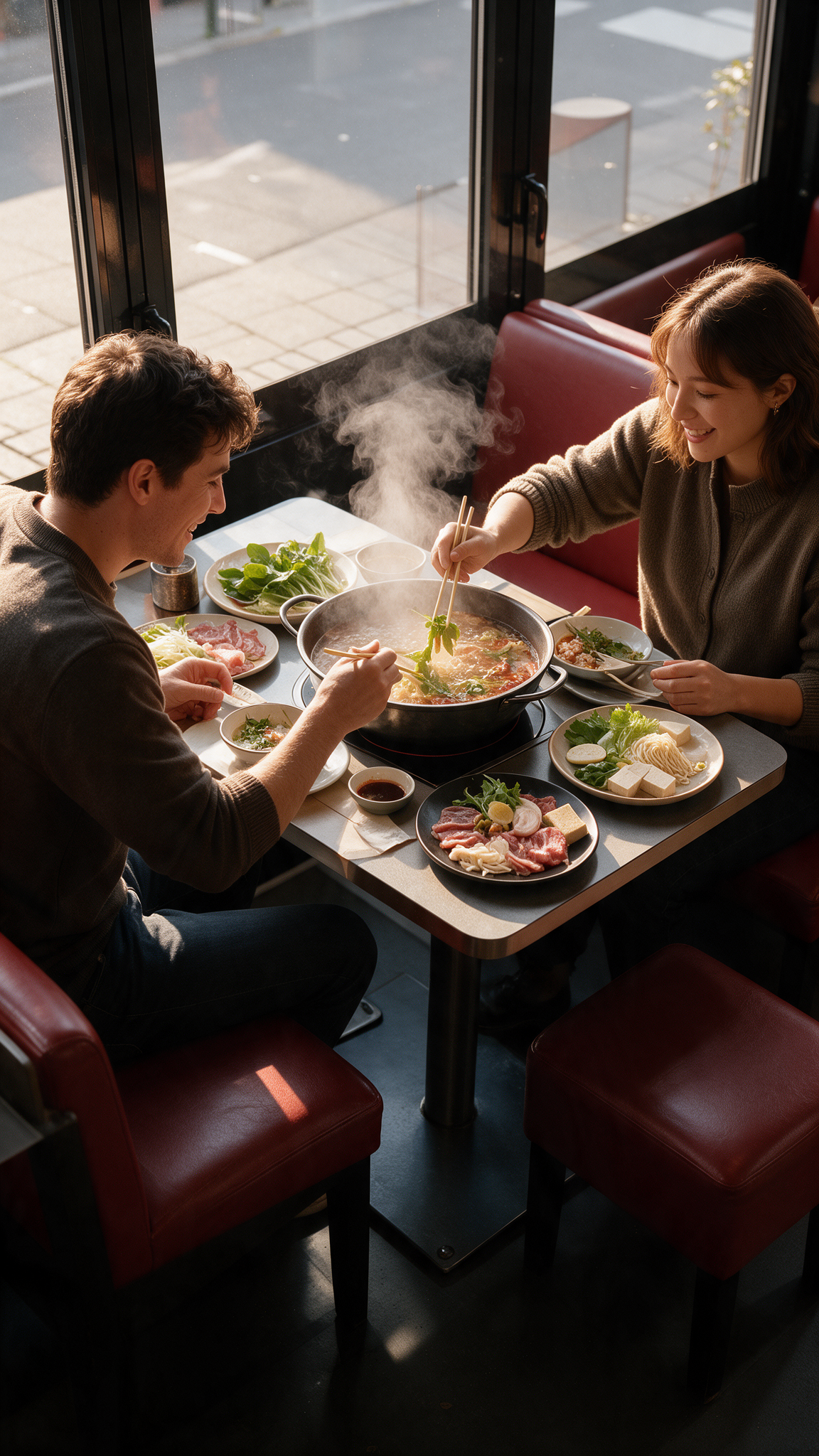 All you can eat Hotpot Shabu Shabu im Noori Sushi Restaurant Essen für zwei Personen mit heißer Brühe und frischen Zutaten zum Garen am Tisch