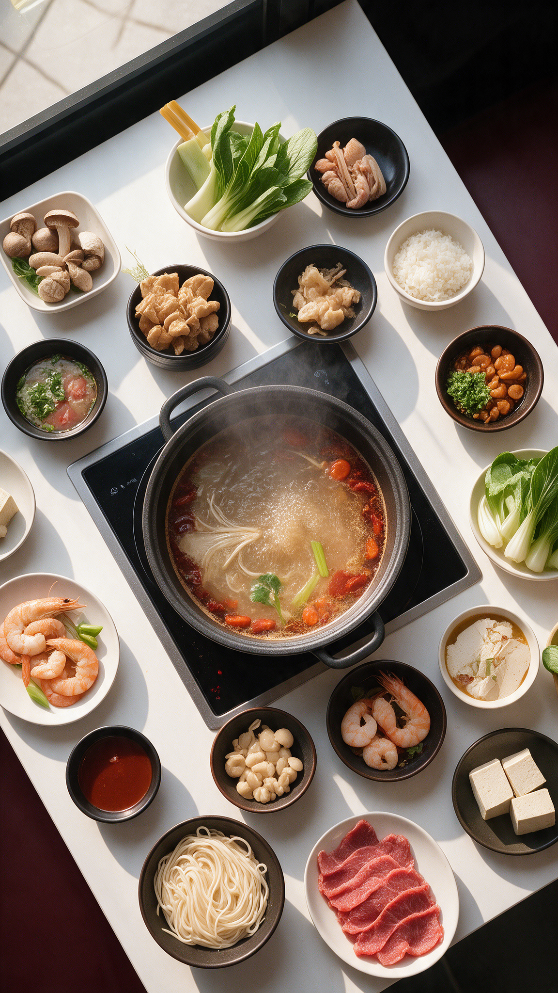 Hotpot Shabu Shabu im Noori Sushi Restaurant Essen mit heißer Brühe, Gemüse, Garnelen, Pilzen und weiteren frischen Zutaten zum Garen am Tisch