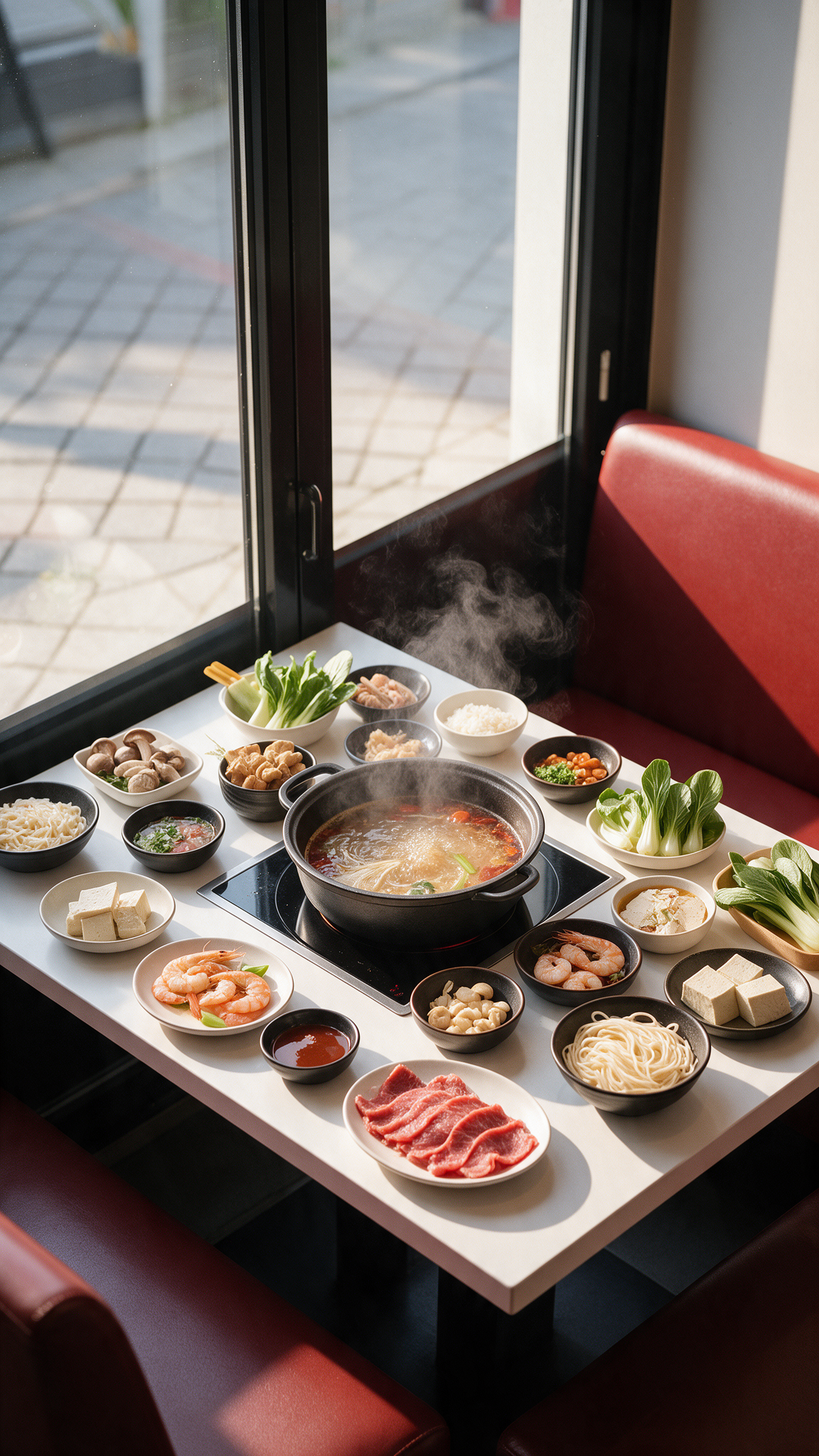 All you can eat Hotpot Shabu Shabu im Noori Sushi Restaurant Essen mit heißer Brühe, Fleisch, Gemüse, Pilzen und weiteren frischen Zutaten am Tisch