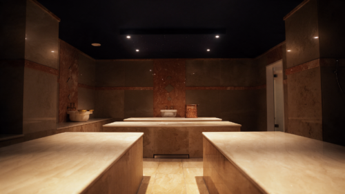 Warmer Hamamraum im Orientalischen Hamam Wuppertal mit Steinbänken, gedämpftem Licht und ruhiger Atmosphäre für entspannende Hamamrituale