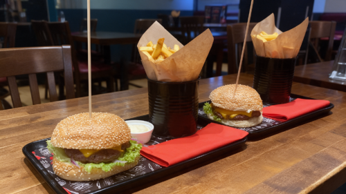 Burgermenü bei RnBeef in Krefeld mit zwei frisch servierten Burgern, Pommes in einer Tüte und Dips auf einem Tablett