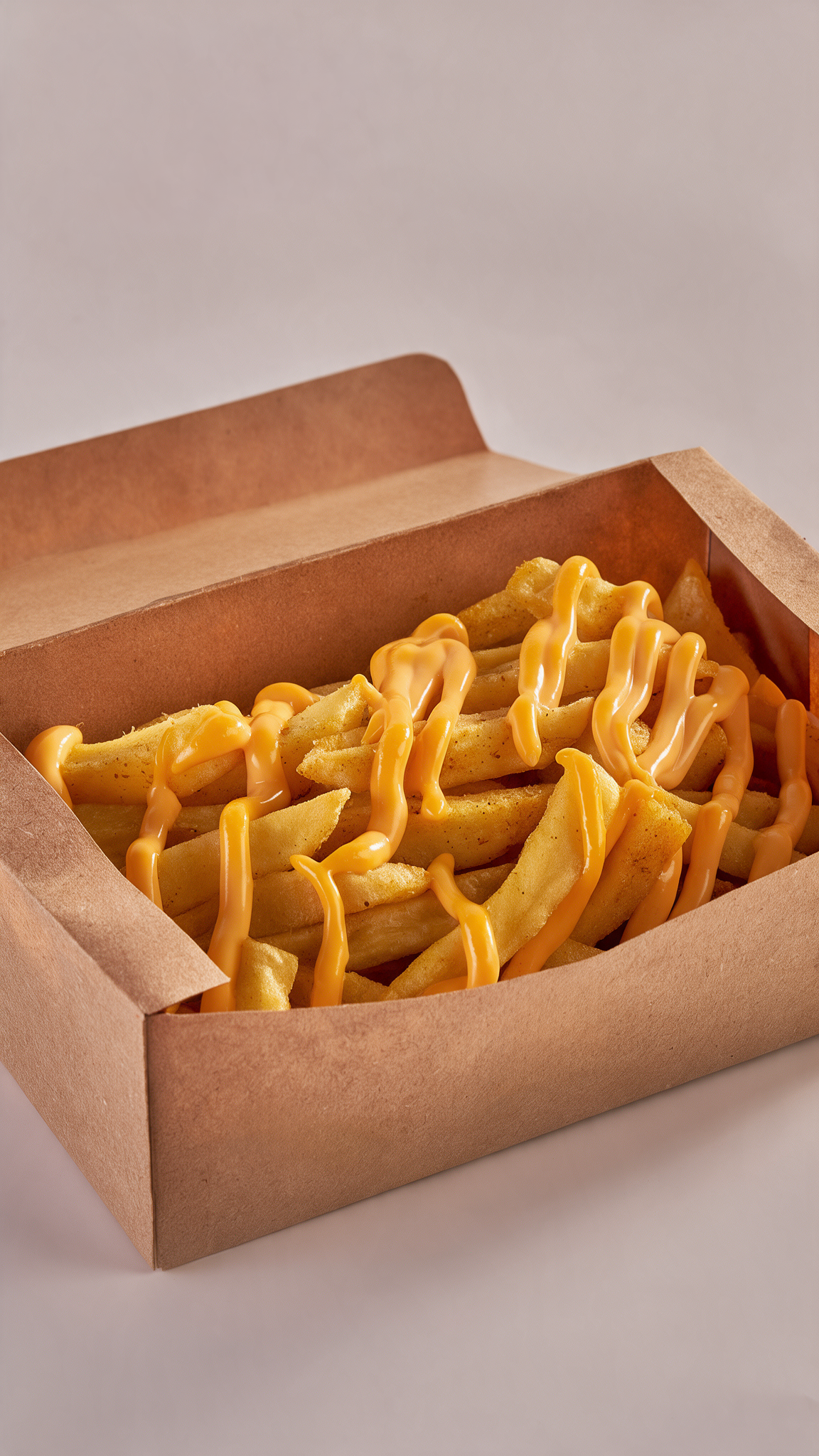 Cheese Fries bei Stuffd in Essen, serviert in einer Streetfood Box mit cremiger Käsesauce als Beilage zum Hawawshi Menü