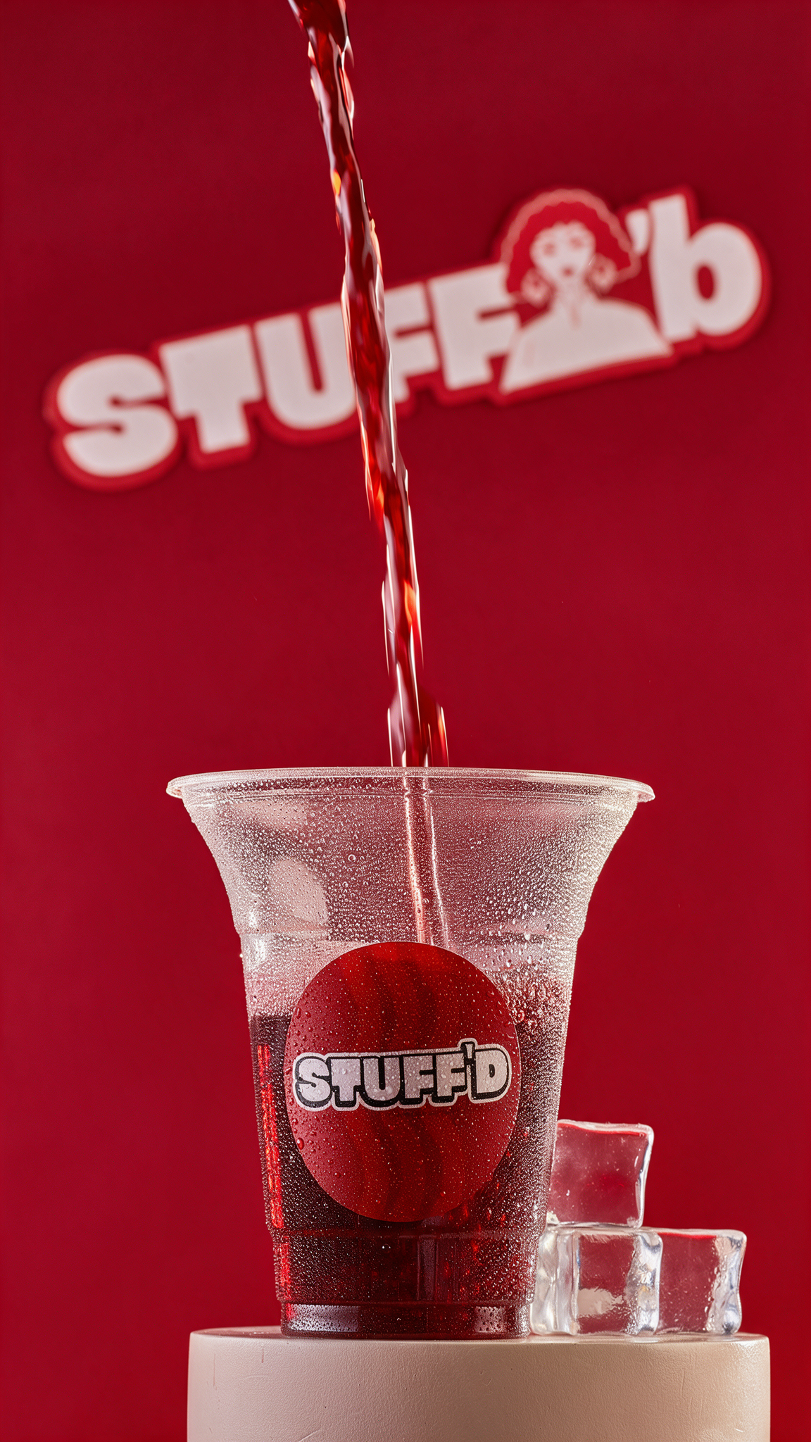 Getränk zum Hawawshi Menü bei Stuffd in Essen, frisch eingeschenkt in einen Becher vor rotem Hintergrund im Streetfood Stil