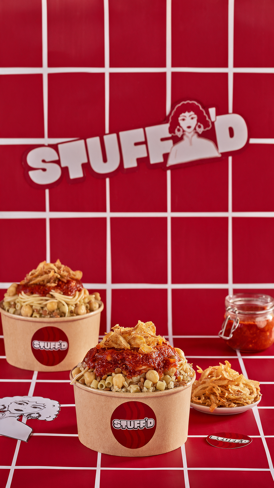 Koshary Menü bei Stuffd in Essen mit traditionellem ägyptischem Koshary, Getränk und Dessert als herzhaftes Streetfood Gericht mit Reis, Linsen und Kichererbsen