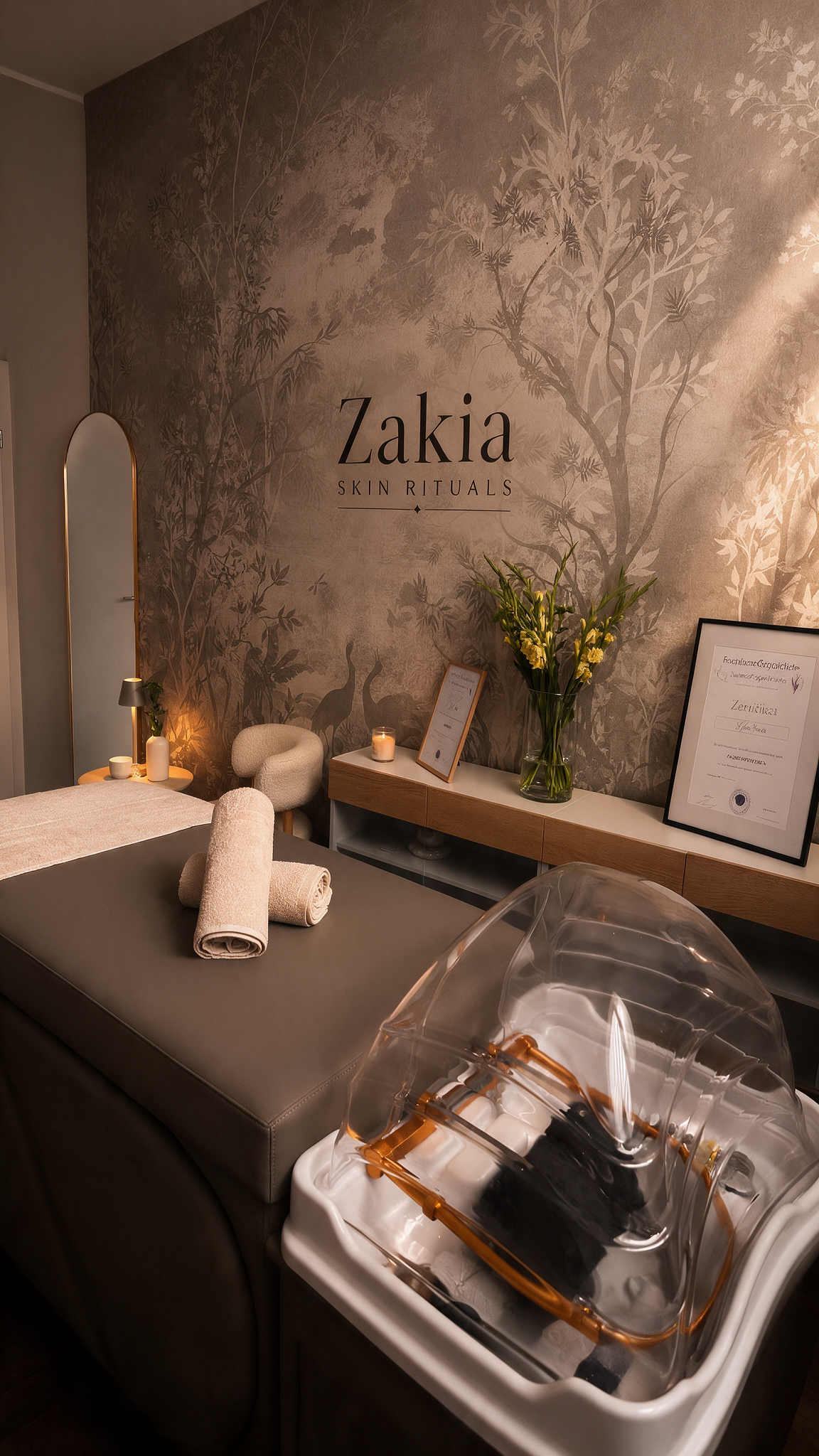 Behandlungsraum für das Head Spa Ritual bei Zakia Skin Rituals in Düsseldorf mit Behandlungsliege, ruhiger Atmosphäre und vorbereiteten Pflegeprodukten