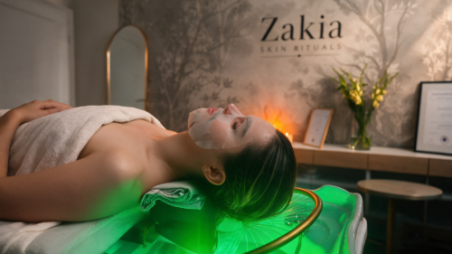Head Spa Ritual bei Zakia Skin Rituals in Düsseldorf mit entspannter Kundin am Wasserbogen und pflegender Anwendung für Haar und Kopfhaut