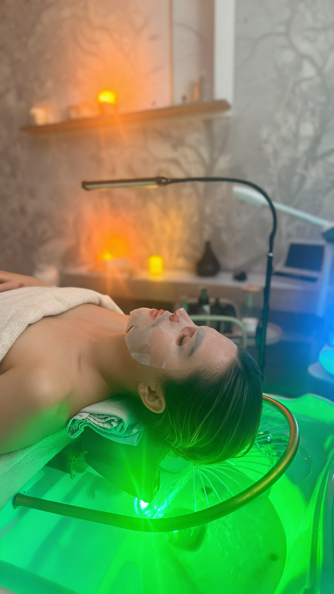 Head Spa Ritual bei Zakia Skin Rituals in Düsseldorf mit entspannter Kundin, sanftem Wasserbogen und pflegender Anwendung für Haar und Kopfhaut